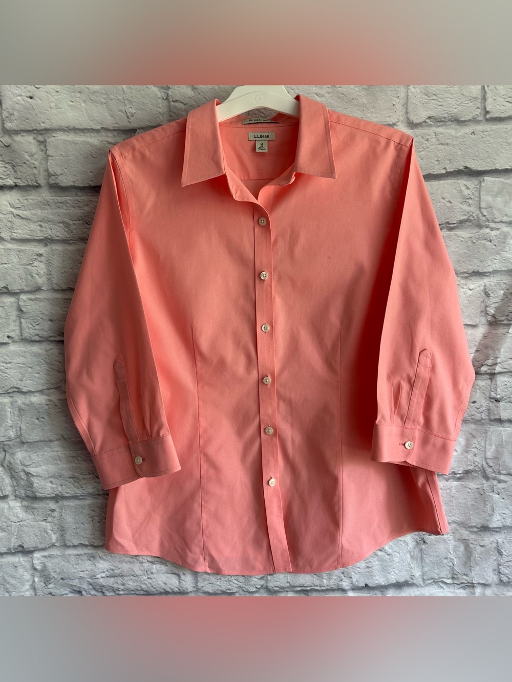 PREOWNED L.L. BEAN WRINKLE RESIST PINK 3/4 SLEEVE BUTTON DOWN WOMENS BLOUSE M
